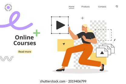 Concept of online courses or education, web template. Modern flat vector illustration with inspired woman working in a graphics program for illustrators, designers or photographers.
