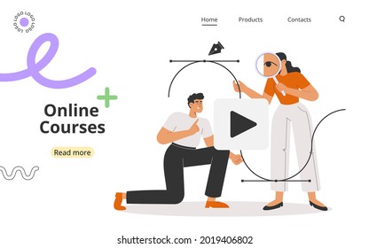 Concept of online courses or education, web template. Modern flat vector illustration with young man and woman working in a graphics program for illustrators, designers or photographers. 