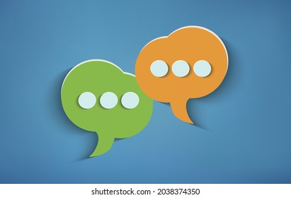 Concept of online customer service and advice chat. Two speech bubbles on blue background. Social network. Communication and recommend via the web. Positive message. Community