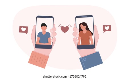 Concept of online dating app. People looking for a couple. Social media. Virtual relationship. People communications. Lovers chatting online. A hand with smartphone.  Vector flat illustration. 