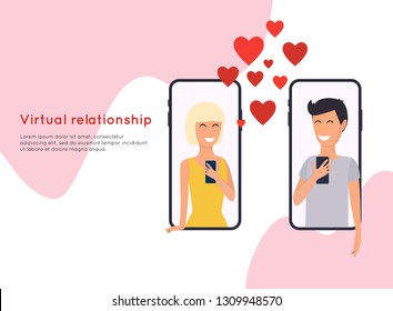 Concept of online dating, beautiful young woman and man. People chatting in the smartphone screen, virtual relationship.