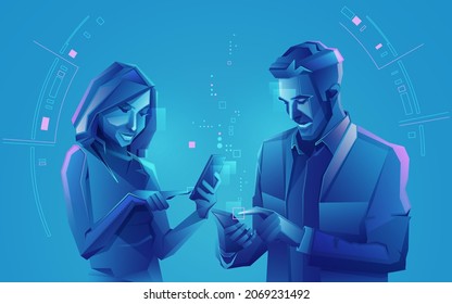 concept of online dating or business consulting, graphic of male and female presented with business person style and futuristic element