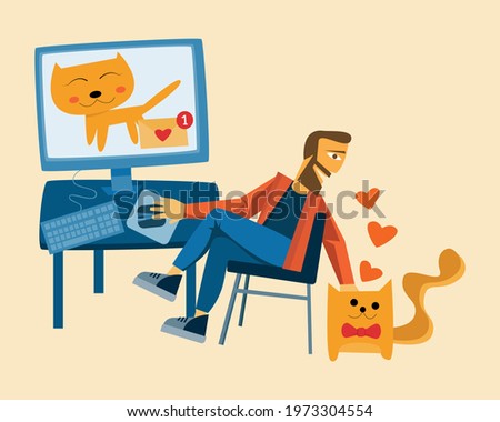 Concept of online dating, a cute cat is recieving a notification from an attractive femal cat. a man in front of a computer is helping him to comunicate with his love match.