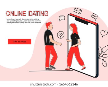 Concept of online dating. Distance introduction girl and boy partners. A woman goes on a date with a man. Vector illustration.
