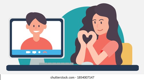 Concept of online dating. Girl and boy are chatting by videoconference at home. Heart sign with girl hands. Man at monitor screen. Virtual remote Valentine's day. Vector flat illustration. Banner