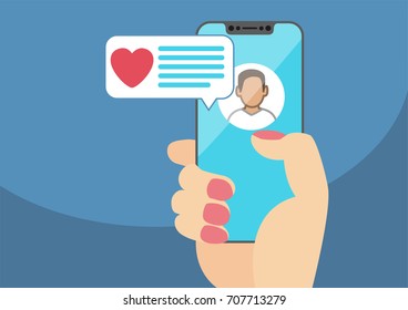 Concept of online dating and mobile chat app. Female hand holding modern bezel-free smartphone as vector illustration with heart icon in chat window.