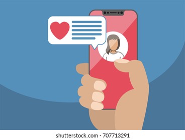 Concept of online dating and mobile chat app. Male hand holding modern bezel-free smartphone as vector illustration with heart icon in chat window