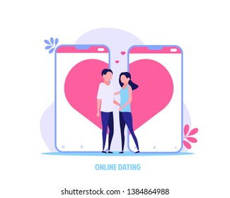 Concept of online dating, virtual relationship and social networking. Young couple of man and woman meeting online. Vector illustration in flat design, can use for landing page, template, ui, web