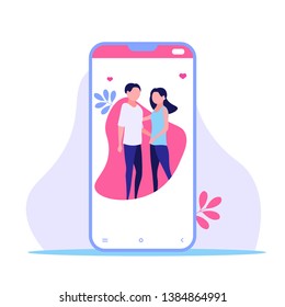 Concept of online dating, virtual relationship and social networking. Young couple of man and woman meeting online. Vector illustration in flat design, can use for landing page, template, ui, web