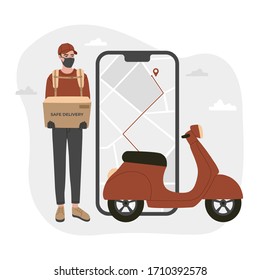 Concept of online delivery app in quarantine time, courier in a respiratory mask on an moped. Vector illustration on the white isolated background. 