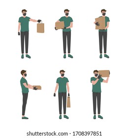 Concept of online delivery during quarantine, set of a courier in a respiratory mask with a box, package in his hands. Vector illustration, white isolated background. 