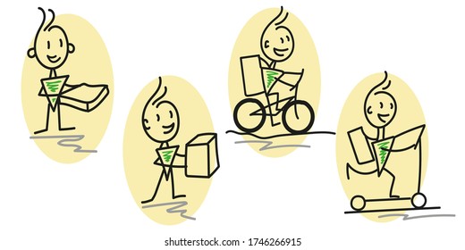 The concept of online delivery of goods to your home and office. Pizza delivery. Scooter and Bicycle courier. Doodle.  Vector illustration