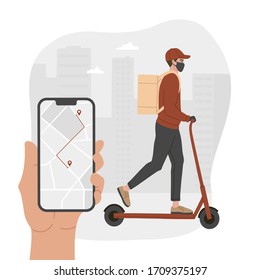 Concept of online delivery, hand holding phone, mobile app with map, courier in a respiratory mask with a box and on an electric scooter. Vector illustration, white isolated background. 