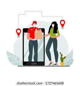 Concept of online delivery order during an epidemic disease. Isolated on a white background. Vector stock illustration.
