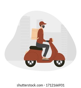 Concept of online delivery, quarantine time, courier in a respiratory mask rides a moped in the city. Vector illustration, in flat style, white isolated background.