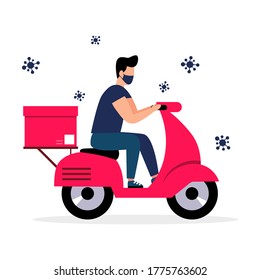 The concept of online delivery service, COVID-19. home and office delivery. The courier on the scooter delivers the order. Vector flat style.