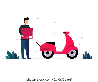 The concept of online delivery service. home and office delivery. The courier on the scooter delivers the order. template for price page. Vector flat style