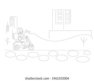 The concept of online delivery service, home and office delivery. Scooter, courier with breathing mask. Vector illustration