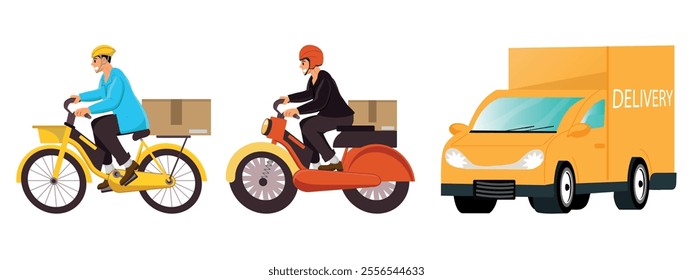 Concept of online delivery service, online order tracking, home and office delivery. Warehouse, truck, drone, scooter and bicycle messenger, delivery man in respiratory mask. Vector illustration.