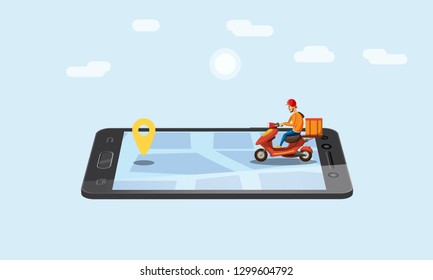 Concept Online delivery service, tracking online tracker, landing page. Tiny people moped with a delivery man, smartphone, isometric, package delivery, stopwatch. Internet delivery, idea, vector