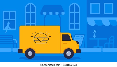 Concept online delivery using big truck with food goes on blue background street vector illustration