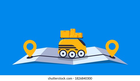 Concept online delivery using robot drone with packages, goes on online gps map vector illustration