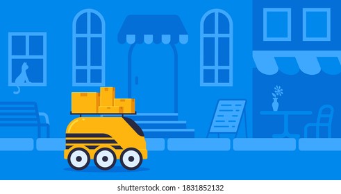 Concept online delivery using robot drone with packages, goes street blue background vector illustration