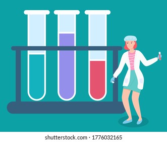 The concept of online diagnostics. Equipment for chemical test. Laboratory assistant on the background of test tubes. Flasks filled different colors liquids illustration. Laboratory glassware