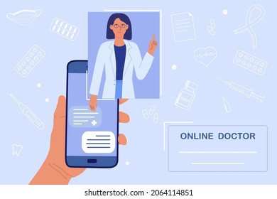 Concept of online doctor, medical advice at a distance. Healthcare communication. Blue background with medical symbols, hand holds a phone, video call with a doctor. Telemedicine, telehealth, ehealth.