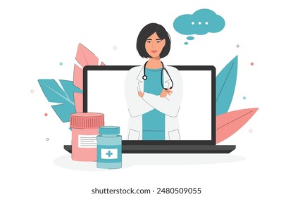 The concept of an online doctor's consultation on medicines in pink and blue colors. Online medicine, health care, medical diagnostics. Illustration of a doctor woman from a laptop in a flat style.