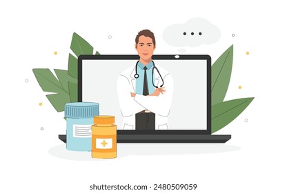 The concept of an online doctor's consultation on medicines. Online medicine, health care, medical diagnostics. Illustration of a doctor from a laptop in a flat style.