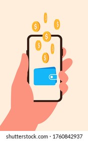 Concept online earning from phone. Gold coins fall in online wallet on screen smartphone 