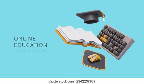 Concept of online education. 3D keyboard, computer mouse, book, graduate cap. Distance lessons. Training during quarantine, in isolation. Horizontal banner on blue background