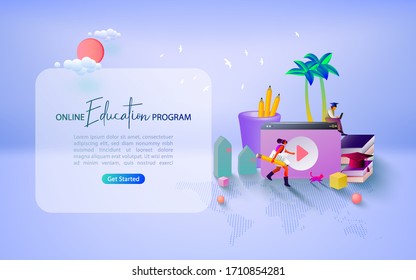 Concept of online education for banner and website. Online training courses. Landing page template.  Vector illustration.