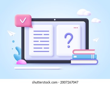 Concept of online education. Book pages and question mark, learning resources, study course, exam preparation, review knowledge, short summary, write essay. 3d realistic vector illustration.
 