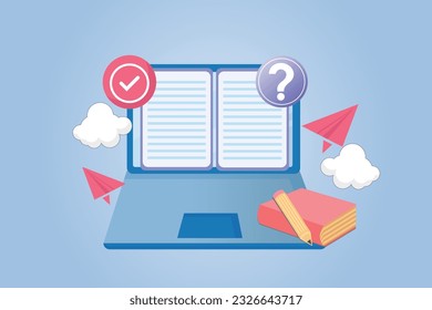 Concept of online education. Book pages and question mark, learning resources, study course, exam preparation, review knowledge, short summary, write essay.Vector Design Illustration.