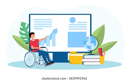 The concept of online education with a disabled young guy in a wheelchair, who got the opportunity to study at home thanks to modern telecommunication technologies. Flat cartoon vector illustration.