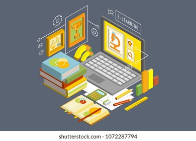 Concept of online education and distance e-learning. Isometric vector illustration with laptop, stack of books, graphs, ruler, pencils, calculator