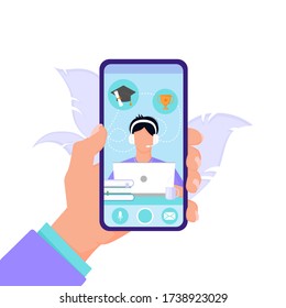 The concept of online education and distance learning from the phone for students and students. Hand holds the phone on an isolated white background in flat style. Vector illustration design.