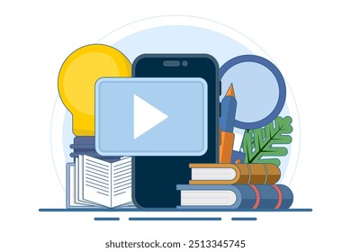 Concept of online education or distance learning, e-learning, online courses, online webinars, video tutorials, webinars, online business training, computer education, flat vector illustration.