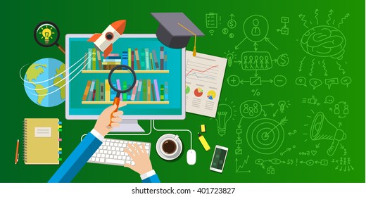 Concepto de educación en línea. Educación a distancia, aprendizaje en línea, programas de certificación, proyectos educativos internacionales, inicio de una carrera exitosa. Ilustración vectorial de diseño plano.