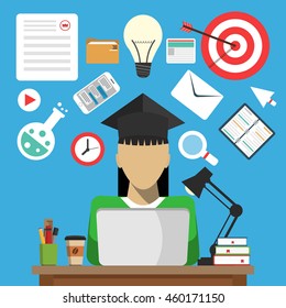 Concept online education and distance learning. Female sitting at her laptop and learns. Flat vector illustration.