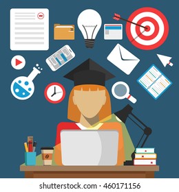 Concept online education and distance learning. Female sitting at her laptop and learns. Flat vector illustration.