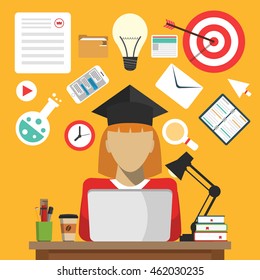 Concept online education and distance learning. Female sitting at her laptop and learns. Flat vector illustration.
