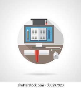 Concept of online education. Distance school. Web lessons. Communication technology. Single detailed flat color style vector icon. Web design elements for business, site, mobile app. 