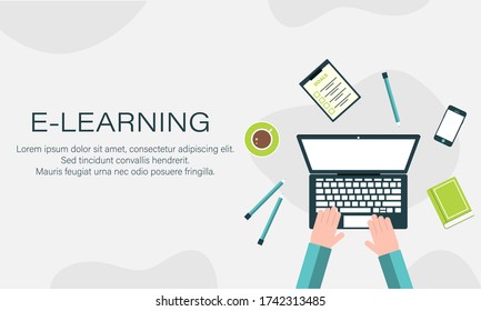 Concepto de educación en línea. Aprendizaje electrónico, educación en línea en casa. Diseño plano de la educación, la formación y los cursos, el aprendizaje. Vector.
