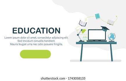 Concept for online education. E-learning, online education at home. Flat design concept of education, training and courses, learning. Vector.
