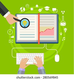 Concept of online education. E-learning science with symbol of book like computer. Flat design, vector illustration