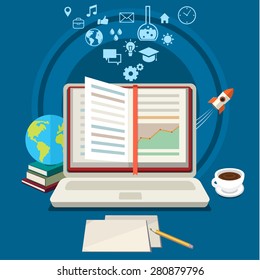 Concept of online education. E-learning science with symbol of book like computer. Flat design, vector illustration