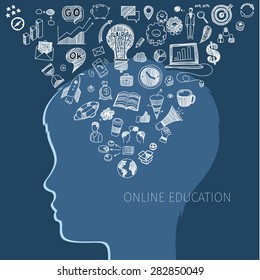 Concept of online education. E-learning science with symbol of education. Flat design, vector illustration